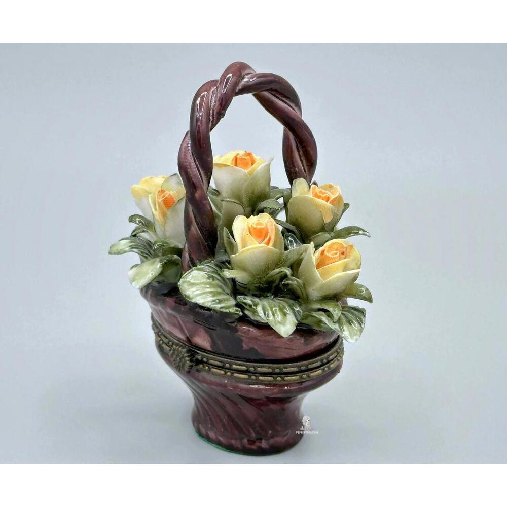 Porcelain Floral Basket Trinket Box with Hinged Lid